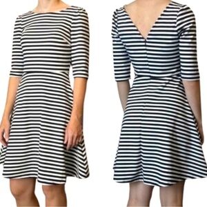 Pomelo Black & Off White Striped Dress, V Back, 3/4 sleeve, fit & flare, Med